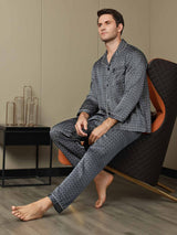 [Marine Ginkgo] SilkSilky-DK Long Sleeve Lapel Collar Pyjamas til Mænd 003