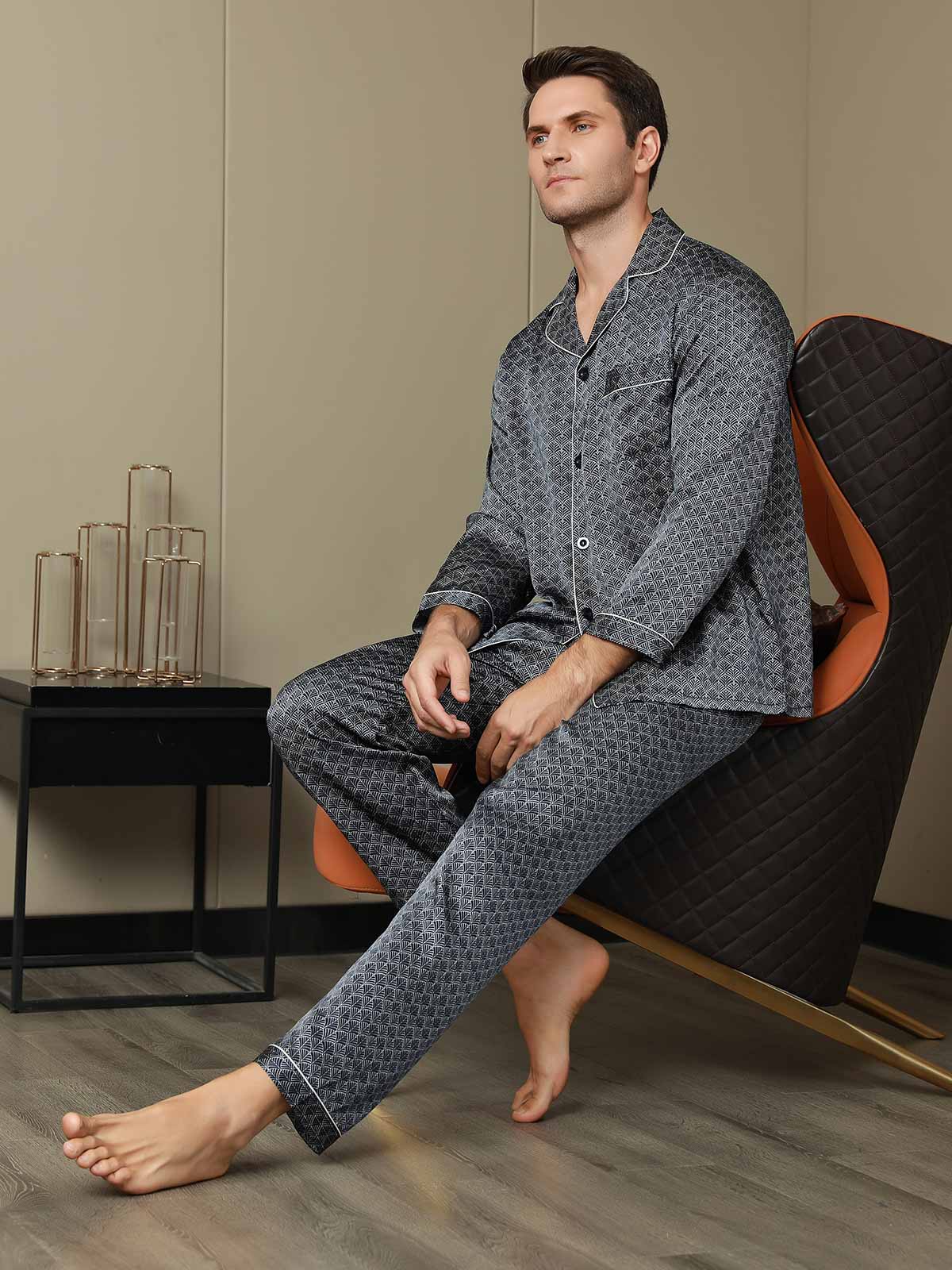 [Marine Ginkgo] SilkSilky-DK 19Momme Mens Pajamas 003
