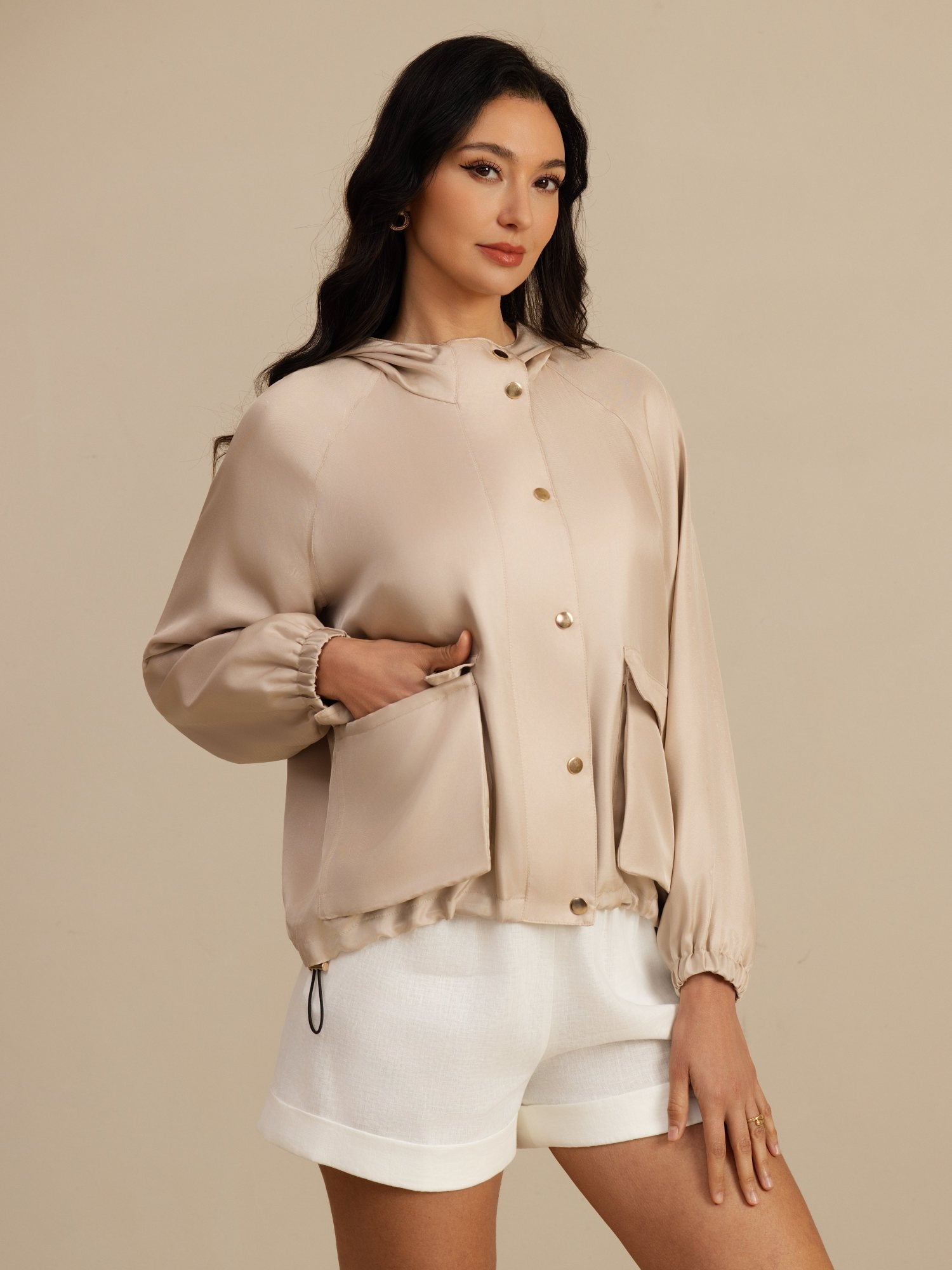 [Tan] SilkSilky-DK Langærmet Høj Hals Overtøj til Kvinder 005