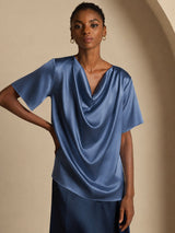[Ægte Petrol] SilkSilky-DK Short Sleeve Cowl Neck Damebluser 005