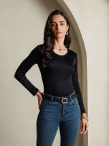 [Sort] SilkSilky-DK Langærmet Rund Hals T-shirt til kvinder 001
