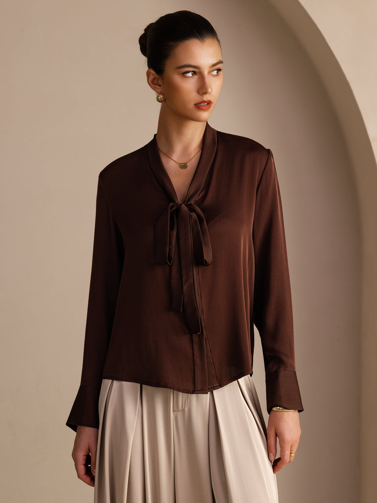 [Mørk Chokolade] SilkSilky-DK Long Sleeve Tie Neck Damebluser 001