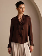 [Mørk Chokolade] SilkSilky-DK Long Sleeve Tie Neck Damebluser 001