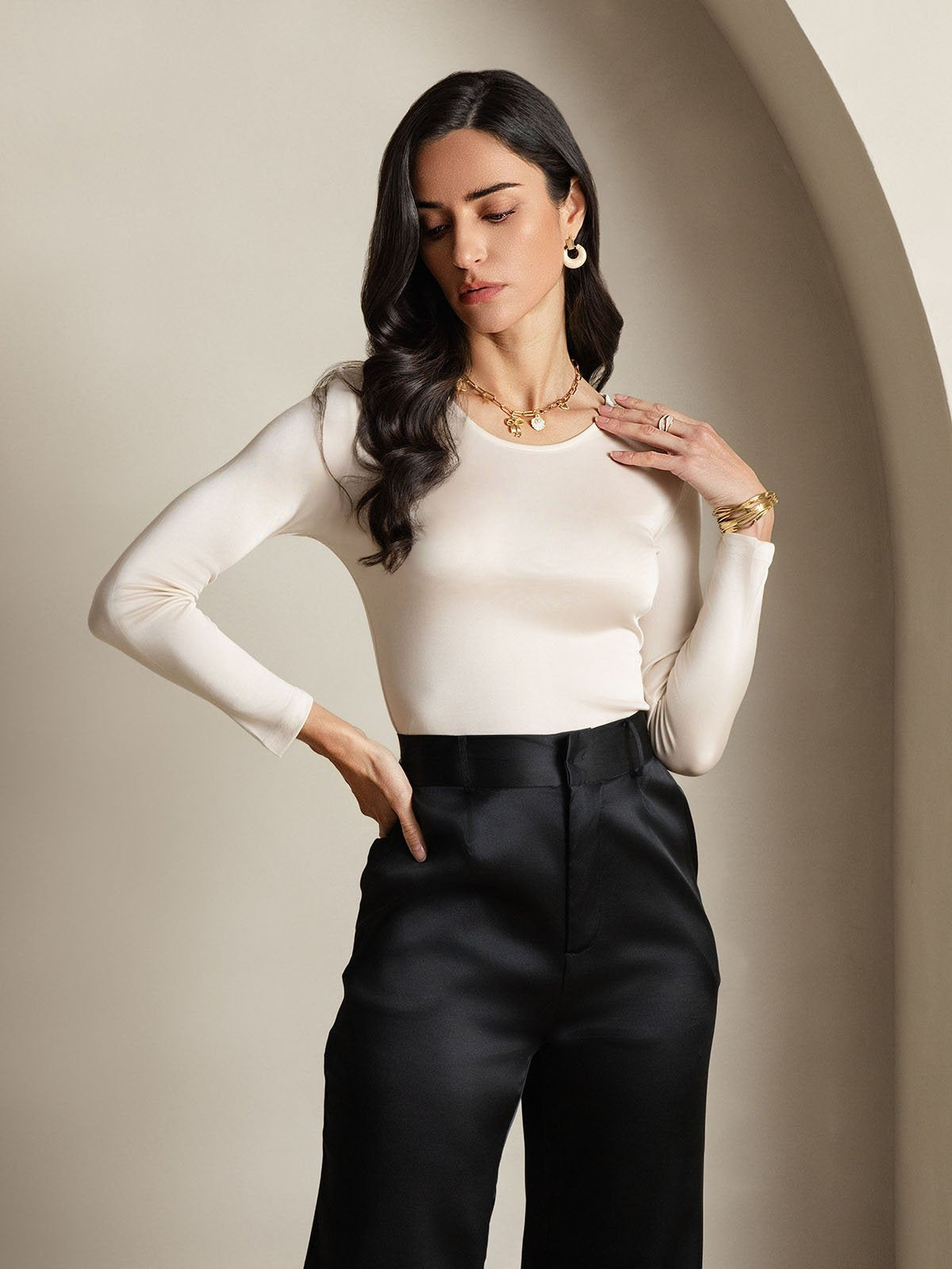 [Beige] SilkSilky-DK Langærmet Rund Hals T-shirt til kvinder 003