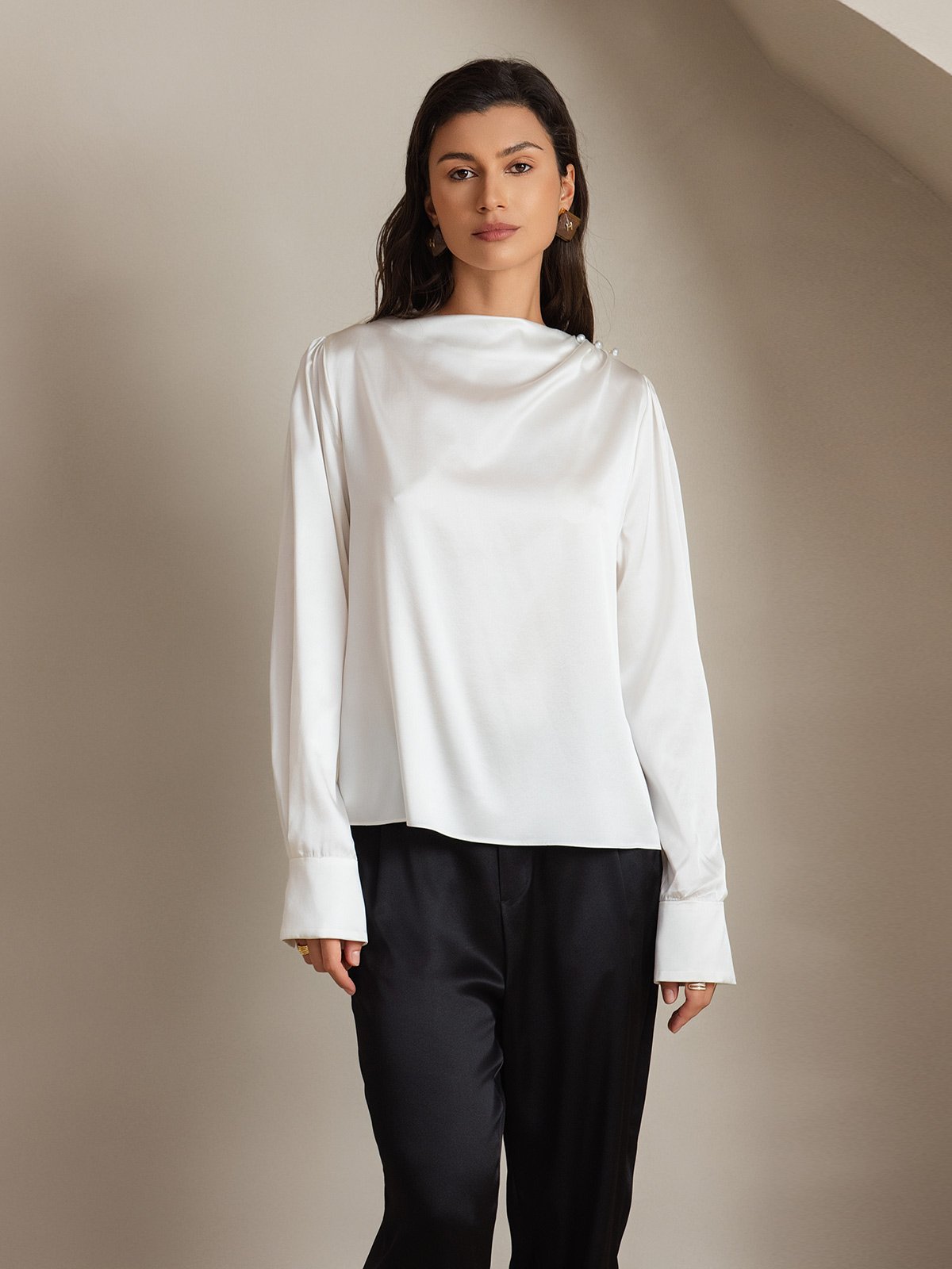 [Hvid] SilkSilky-DK 19Momme Silke Womens Shirt 006