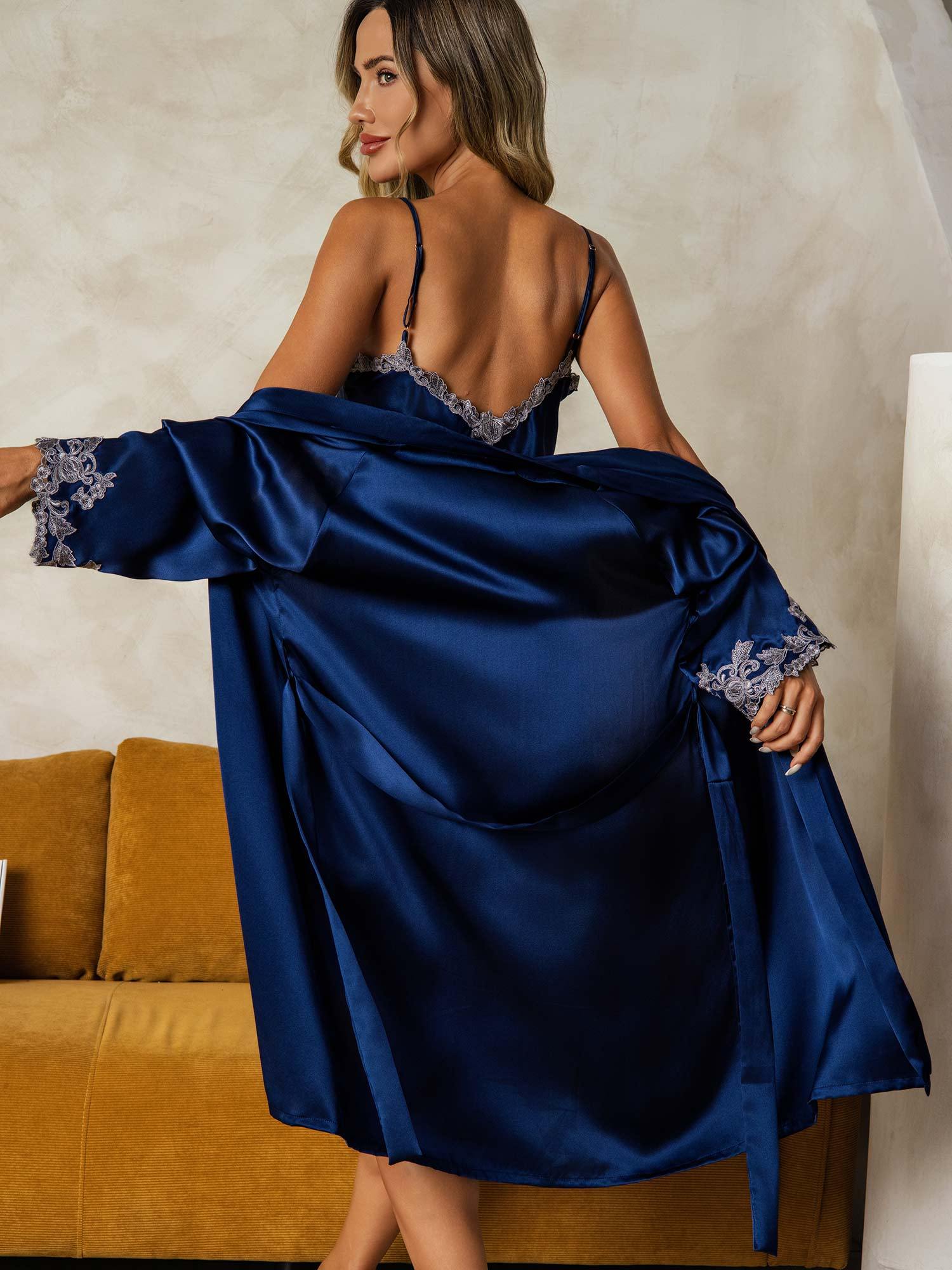[Mørkeblå] SilkSilky-DK Silke Nightgown&Robe Set 002