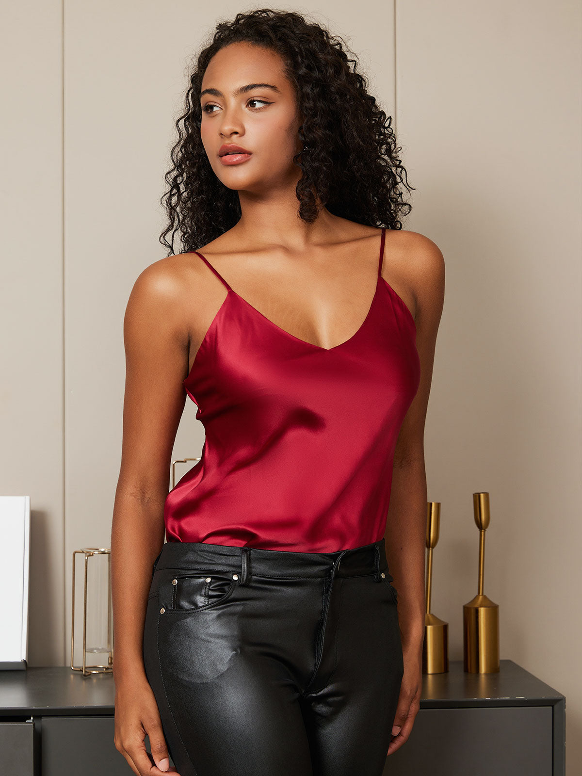 [Mørkerød] SilkSilky-DK Spaghetti Rem V Hals Camisole Top 002