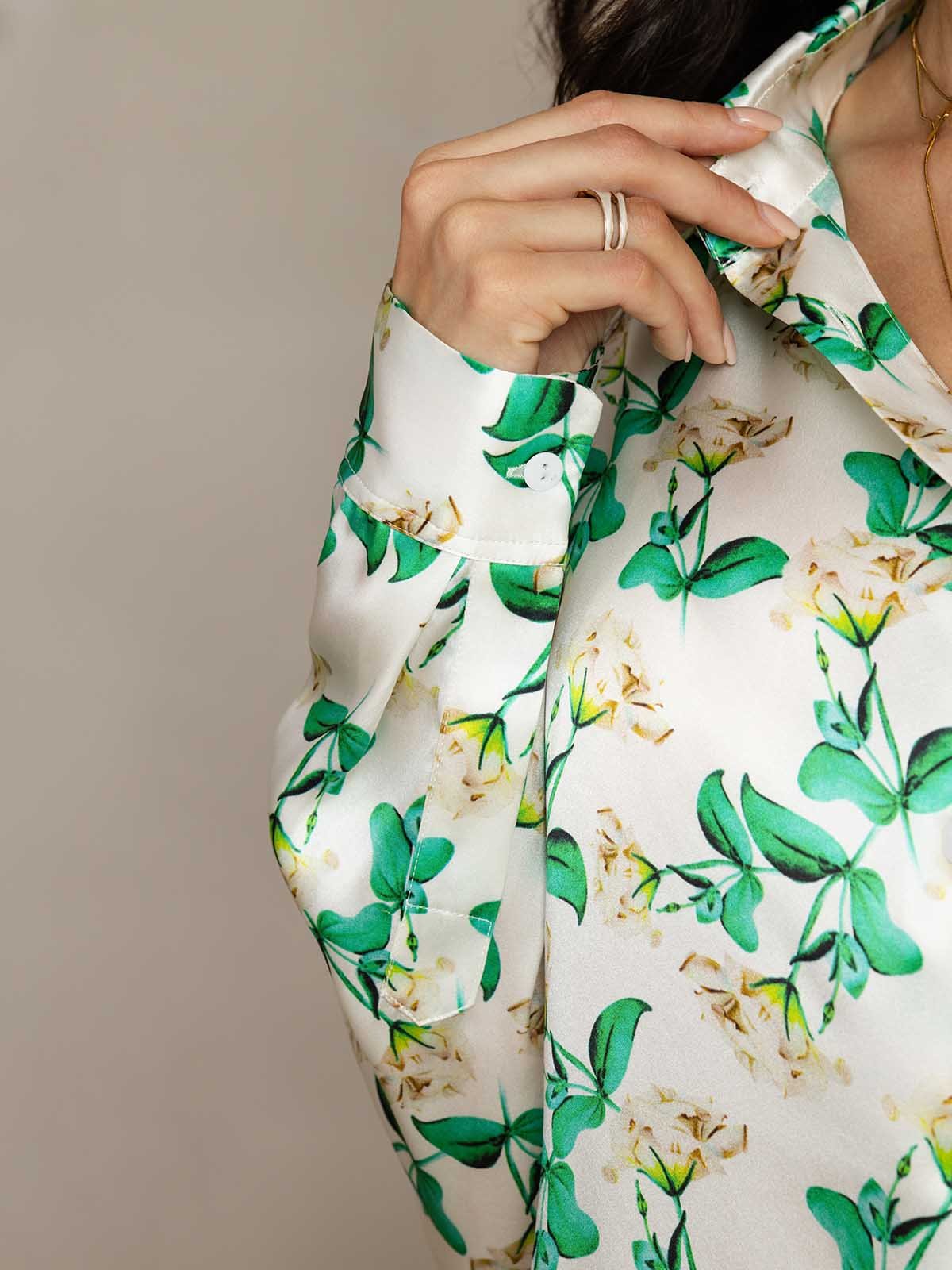 [Grøn Blomster] SilkSilky-DK 19Momme Silke Womens Outfit Sets 005