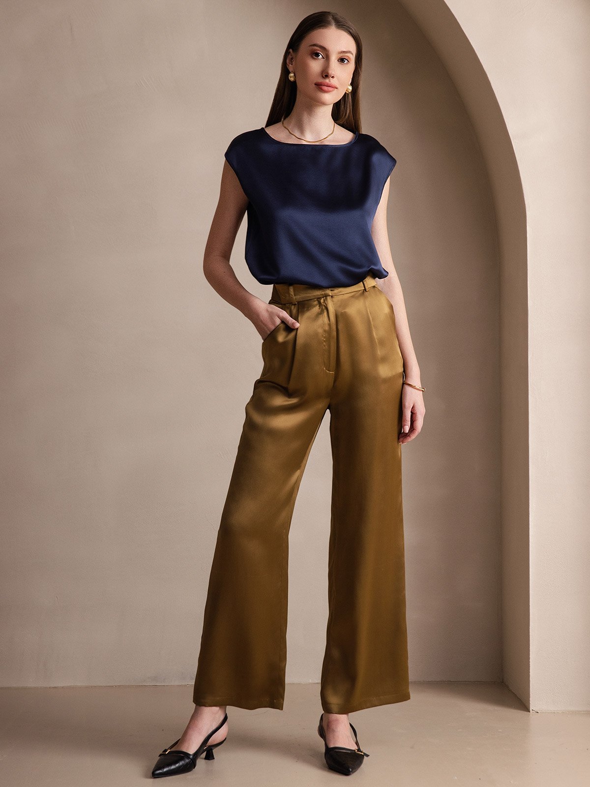 [Mørkeblå] SilkSilky-DK 19Momme Silke Womens T-Shirt 006