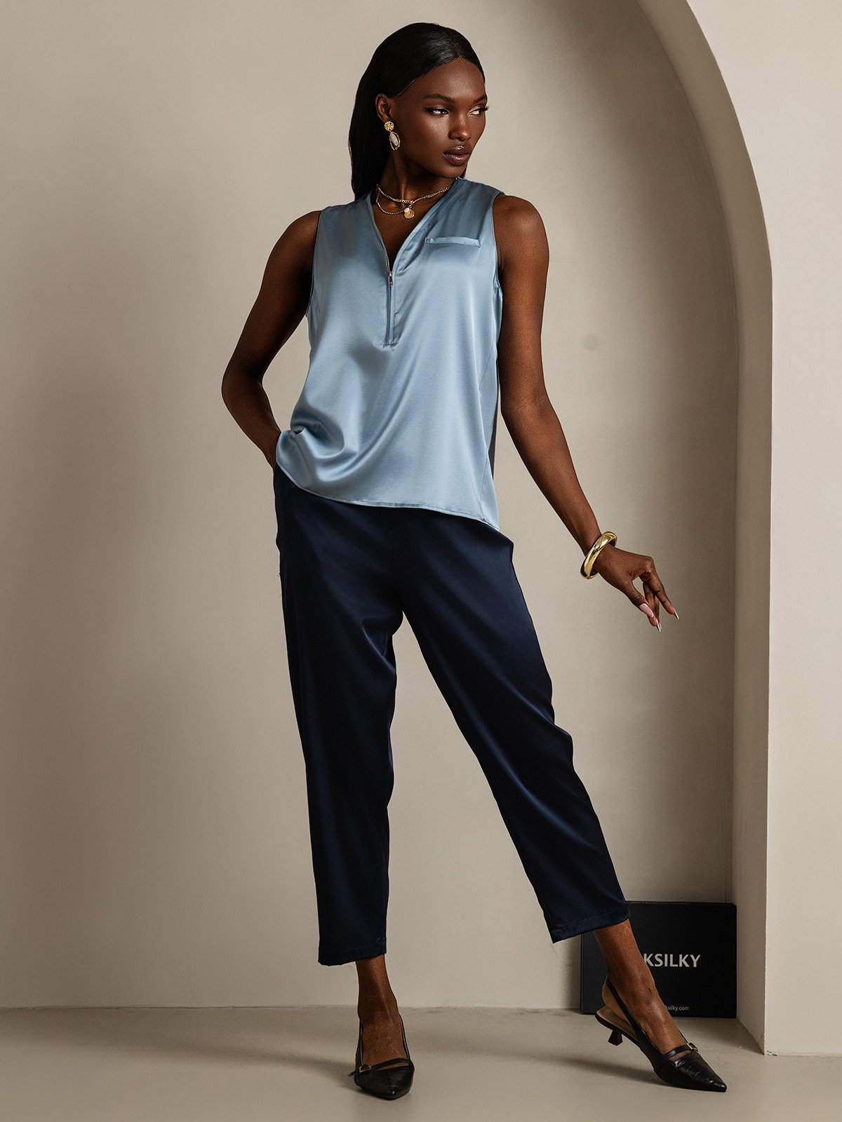 SilkSilky-DK 19Momme Silke Womens Shirt Gråblå 006