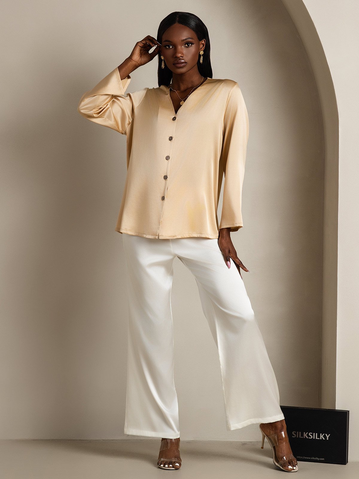 [Champagne] SilkSilky-DK 19Momme Silke Womens Shirt 005