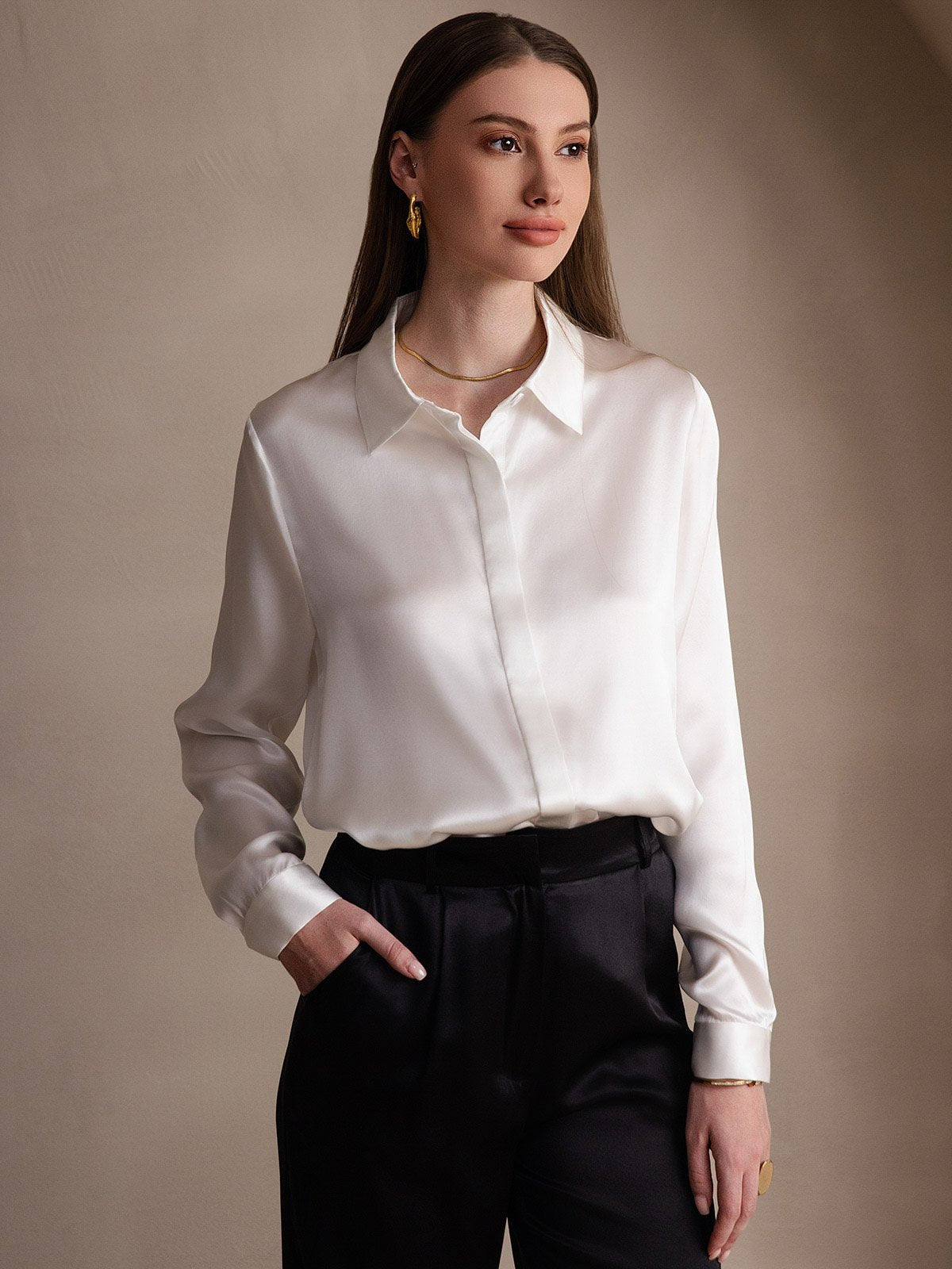 [Hvid] SilkSilky-DK Long Sleeve Lapel Collar Dameskjorte 001