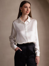 [Hvid] SilkSilky-DK Long Sleeve Lapel Collar Dameskjorte 001