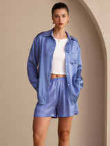 [Blå Nålestribet] SilkSilky-DK Long Sleeve Lapel Collar Women's Outfit Sets 001