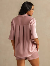 [Ferskenhud] SilkSilky-DK 19Momme Halv ærme Notchkrage Dame Pyjamas 006