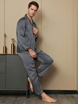 [Marine Ginkgo] SilkSilky-DK Long Sleeve Lapel Collar Pyjamas til Mænd 006