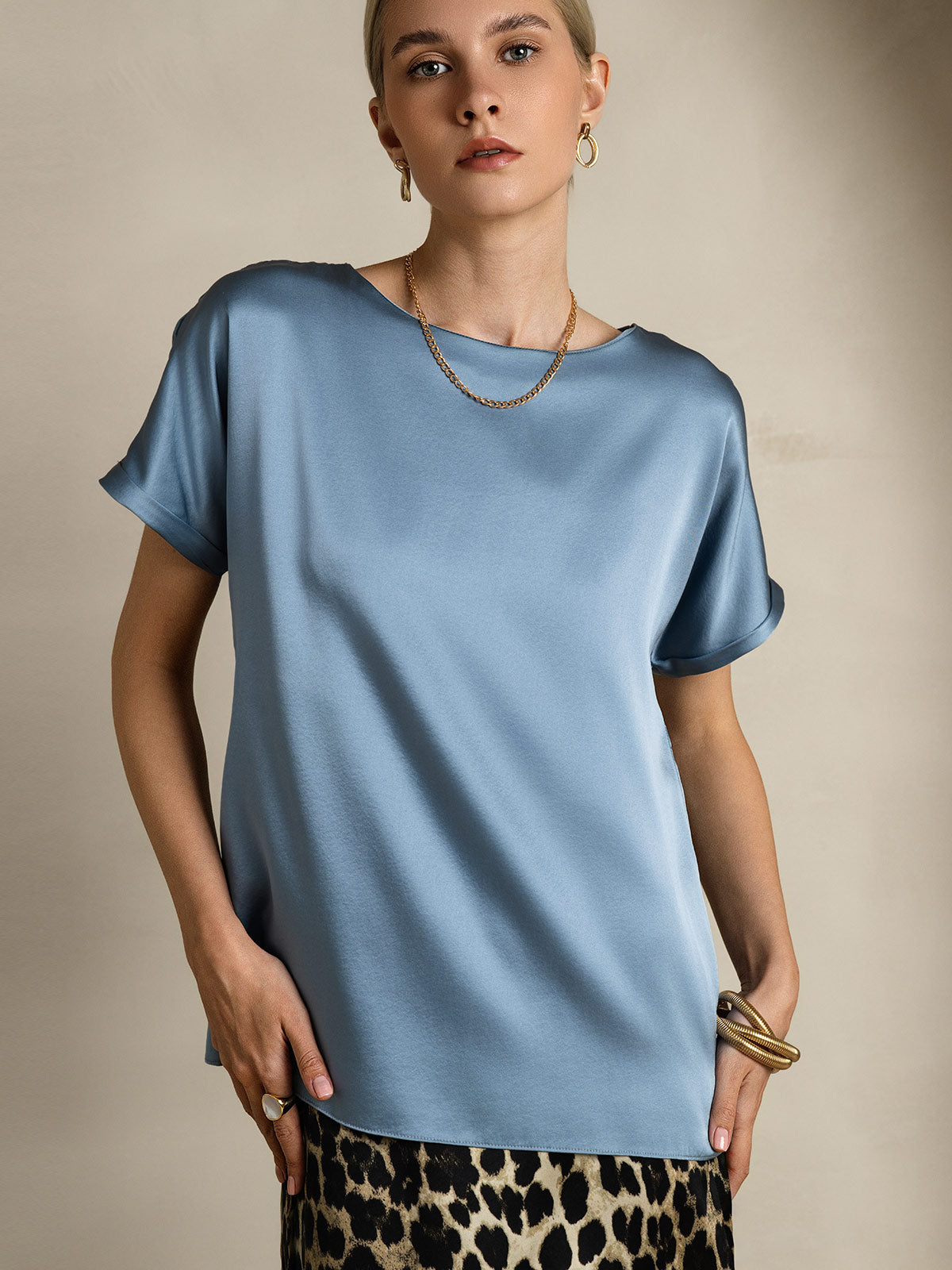 [Gråblå] SilkSilky-DK 19Momme Silke Womens T-Shirt 005