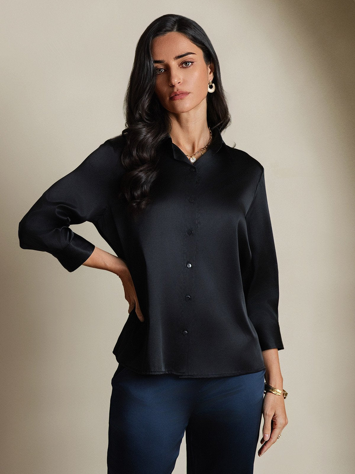SilkSilky-DK 19Momme Silke Revers Dameskjorte Sort 004