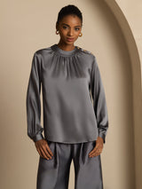 [Mørkegrå] SilkSilky-DK 19Momme Langærmet Rund Hals Bluse 001