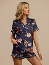 [Marine Blomster] SilkSilky-DK Kort ærme Notchkrage Dame Pyjamas 001