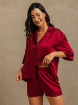 [Vin] SilkSilky-DK 19Momme Halv ærme Notchkrage Dame Pyjamas 007