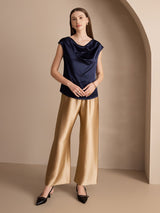 [Mørkeblå] SilkSilky-DK Cap Sleeve Cowl Neck T-shirt til kvinder 005