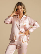 [Lyserød] SilkSilky-DK 19Momme Langærmet Notchkrage Dame Pyjamas 008