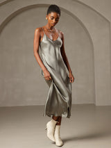 [Grågrøn] SilkSilky-DK Sleeveless V Neck Kjole 005