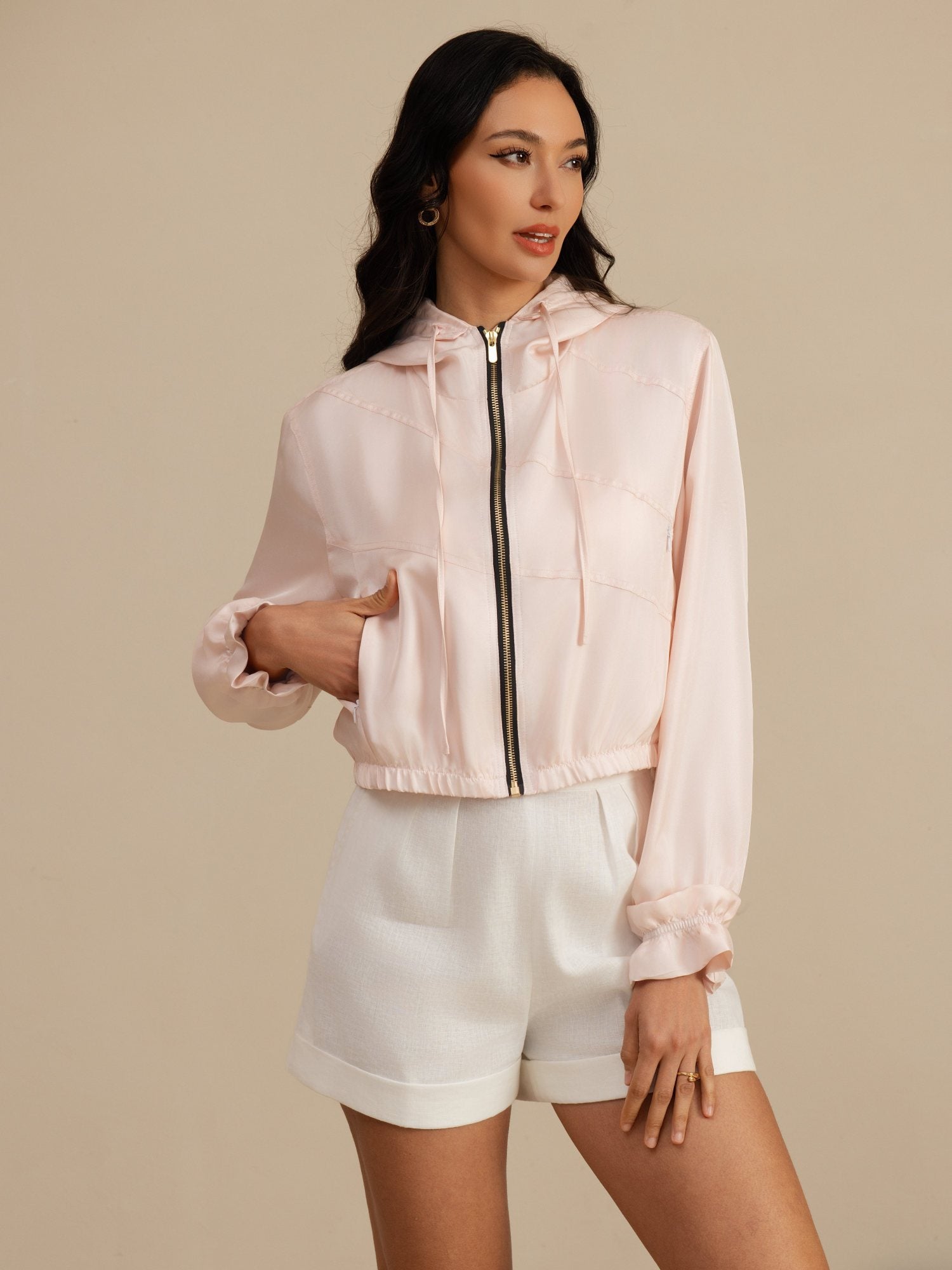 [Lyserød] SilkSilky-DK 18Momme Langærmet Høj Hals Overtøj til Kvinder 003