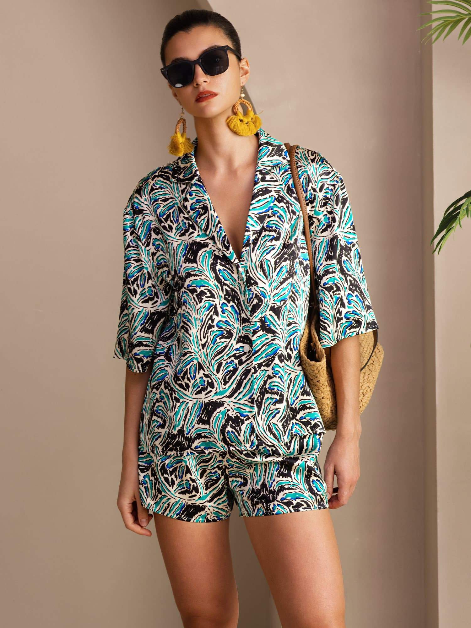 [Teal Botanisk] SilkSilky-DK Short Sleeve Notch Collar Dame Pyjamas 001