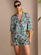 [Teal Botanisk] SilkSilky-DK Short Sleeve Notch Collar Dame Pyjamas 001