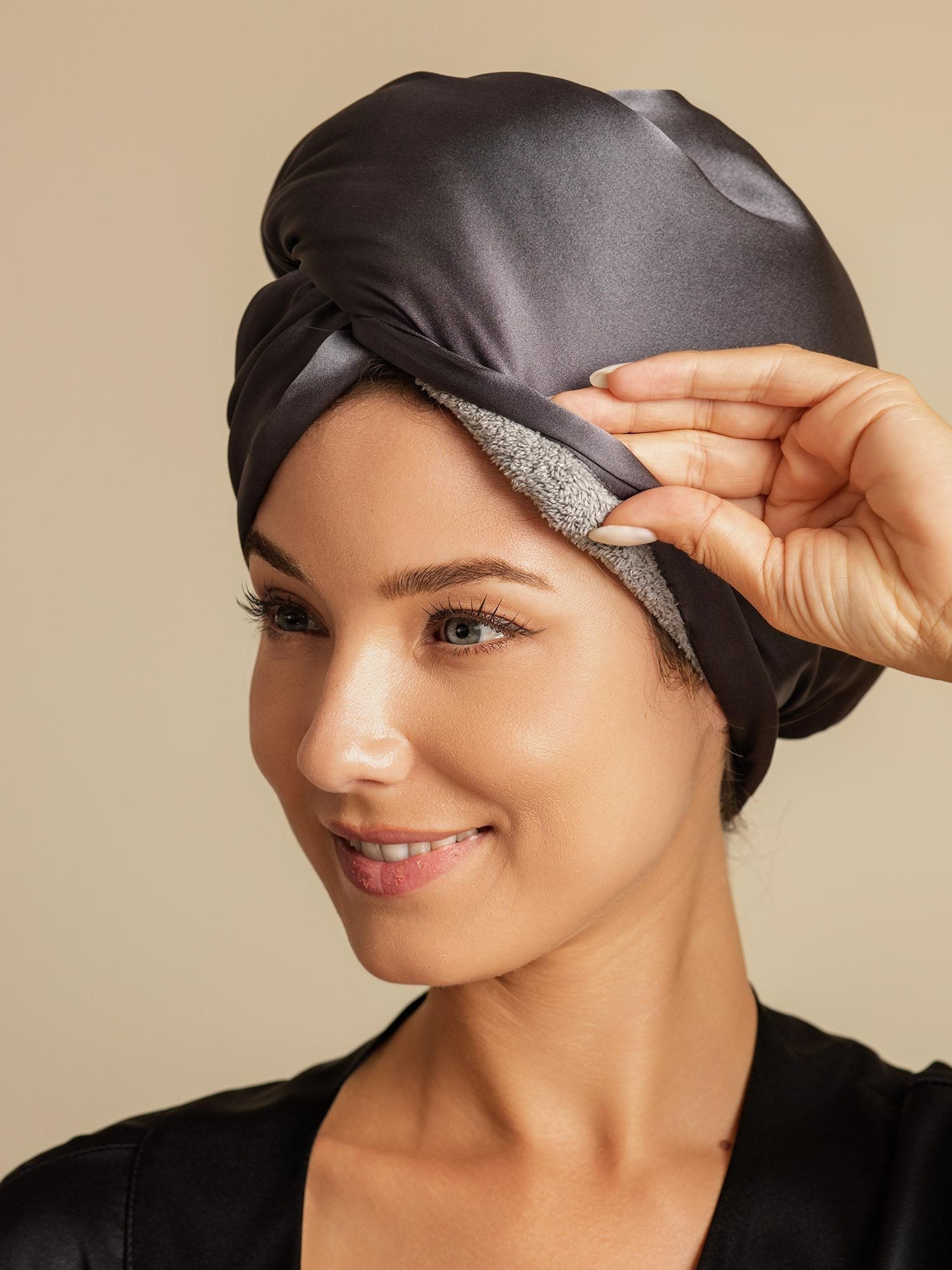 [Mørkegrå] SilkSilky-DK Silke Hair Towel Wrap 001,