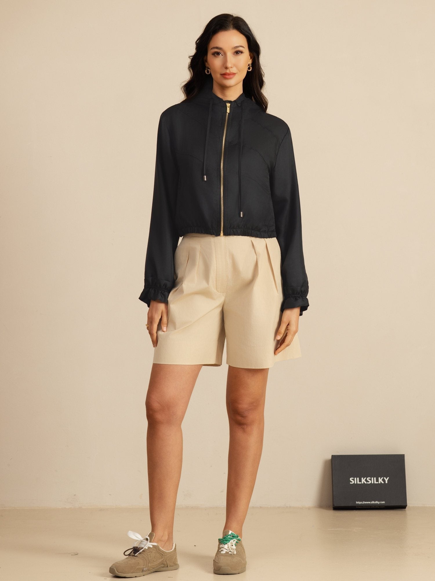 [Sort] SilkSilky-DK 18Momme Langærmet Høj Hals Overtøj til Kvinder 007