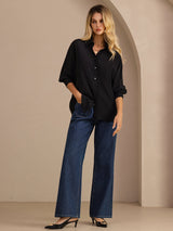 [Sort] SilkSilky-DK Long Sleeve Lapel Collar Dameskjorte 007