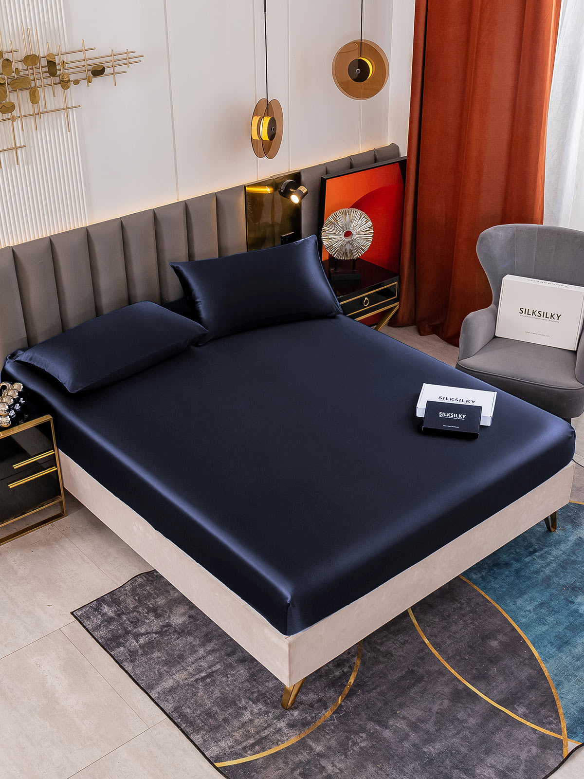 [Mørkeblå] SilkSilky-DK 19Momme Bedding Set 001