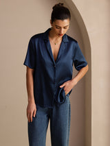 [Mørkeblå] SilkSilky-DK Short Sleeve Lapel Collar Dameskjorte 005