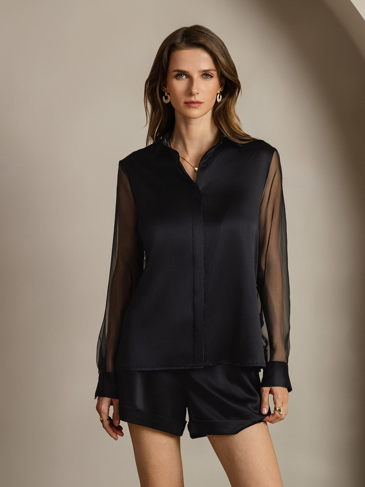 [Sort] SilkSilky-DK 19Momme Silke Lapel Collar Dameskjorte 001