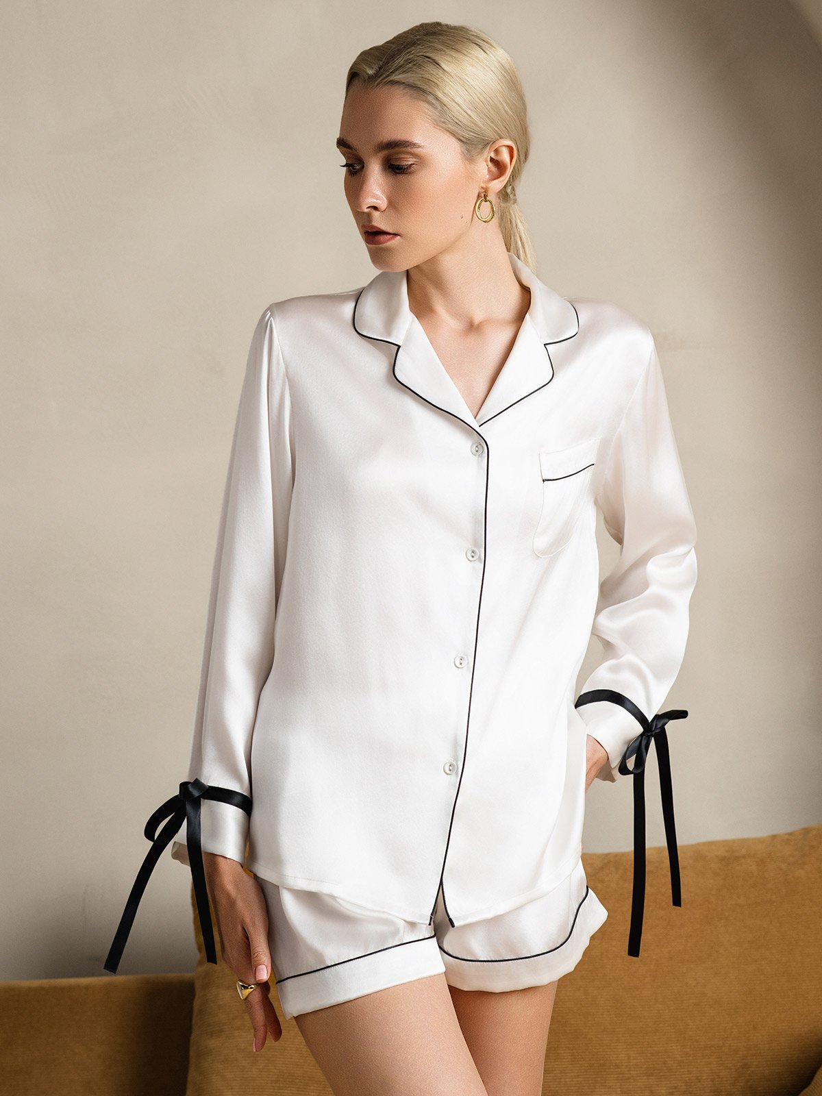 [Hvid] SilkSilky-DK Silke Long Sleeve Revers Dame Pyjamas 001