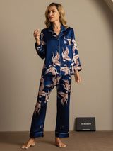 [Mørkeblå] SilkSilky-DK 19Momme Langærmet Notchkrage Dame Pyjamas 003
