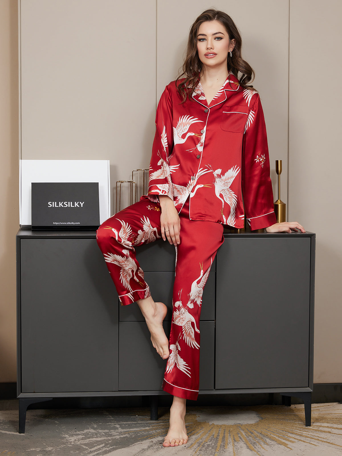 [Mørkerød] SilkSilky-DK Long Sleeve Lapel Collar Dame Pyjamas 001