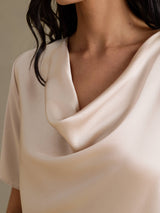 [Beige] SilkSilky-DK Short Sleeve Cowl Neck Damebluser 004