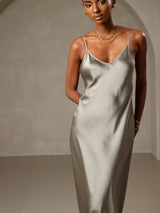 [Grågrøn] SilkSilky-DK Sleeveless V Neck Kjole 003