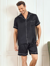 [Sort] SilkSilky-DK Short Sleeve Lapel Collar Pyjamas til Mænd 001
