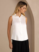 [Hvid] SilkSilky-DK Sleeveless Lapel Collar Dameskjorte 001