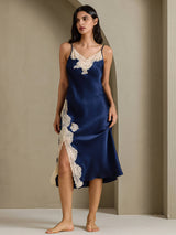 [Mørkeblå] SilkSilky-DK Sleeveless V Neck Natkjole 003