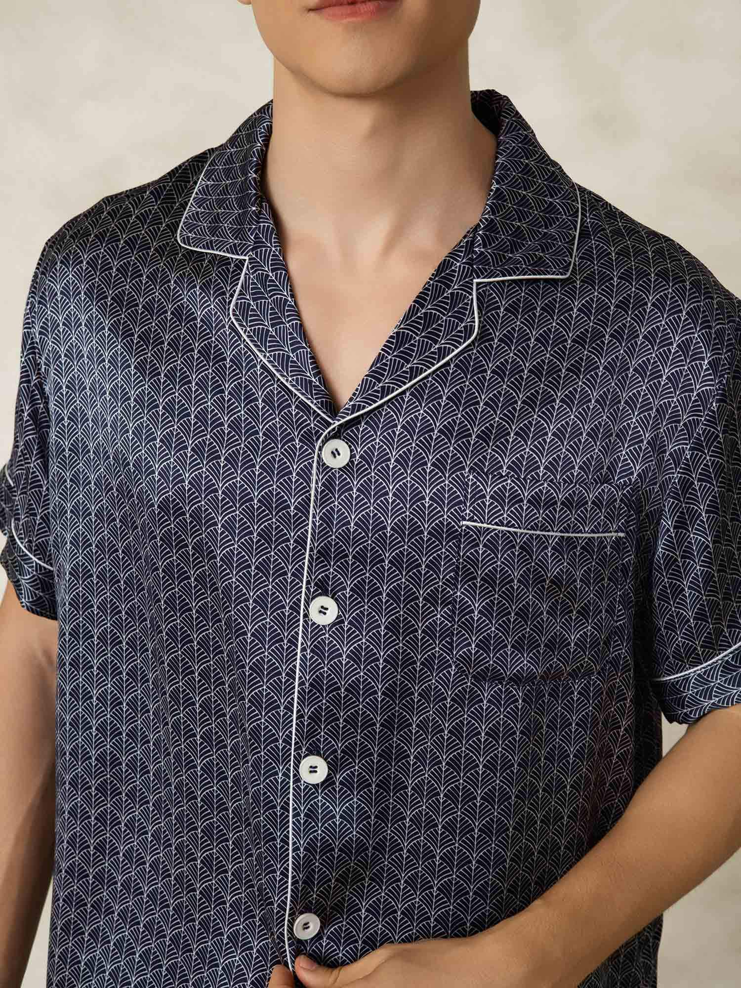 [MarineGinkgo] SilkSilky-DK Silke Lapel Collar Pyjamas til Mænd 007