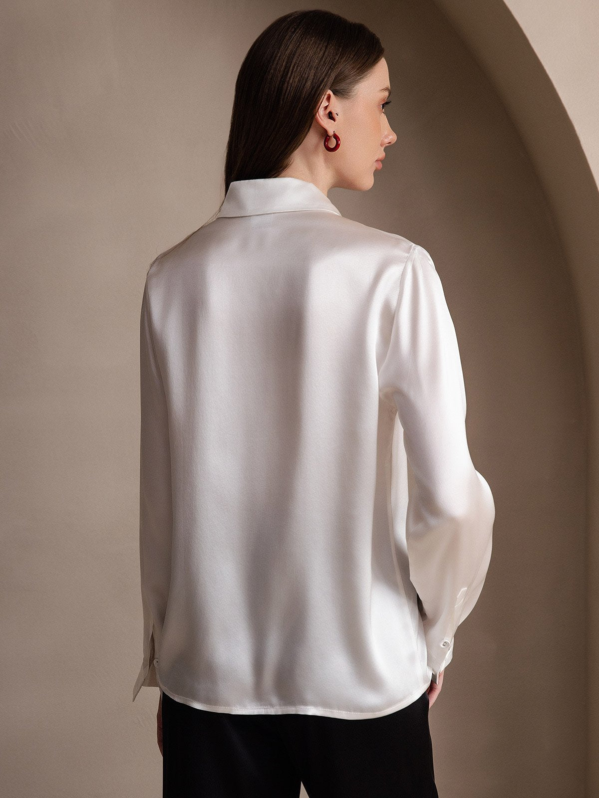 [Hvid] SilkSilky-DK Long Sleeve Lapel Collar Dameskjorte 002