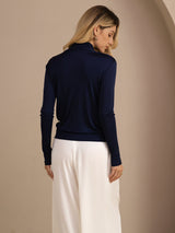 [Mørkeblå] SilkSilky-DK Long Sleeve Wrap Damebluser 002
