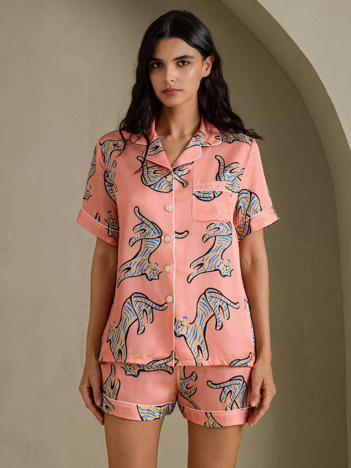 [Rosa Kat] SilkSilky-DK Short Sleeve Lapel Collar Dame Pyjamas 001