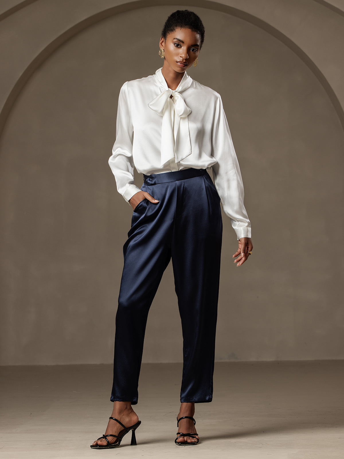 [Mørkeblå] SilkSilky-DK 19Momme Silke Womens Pants 005